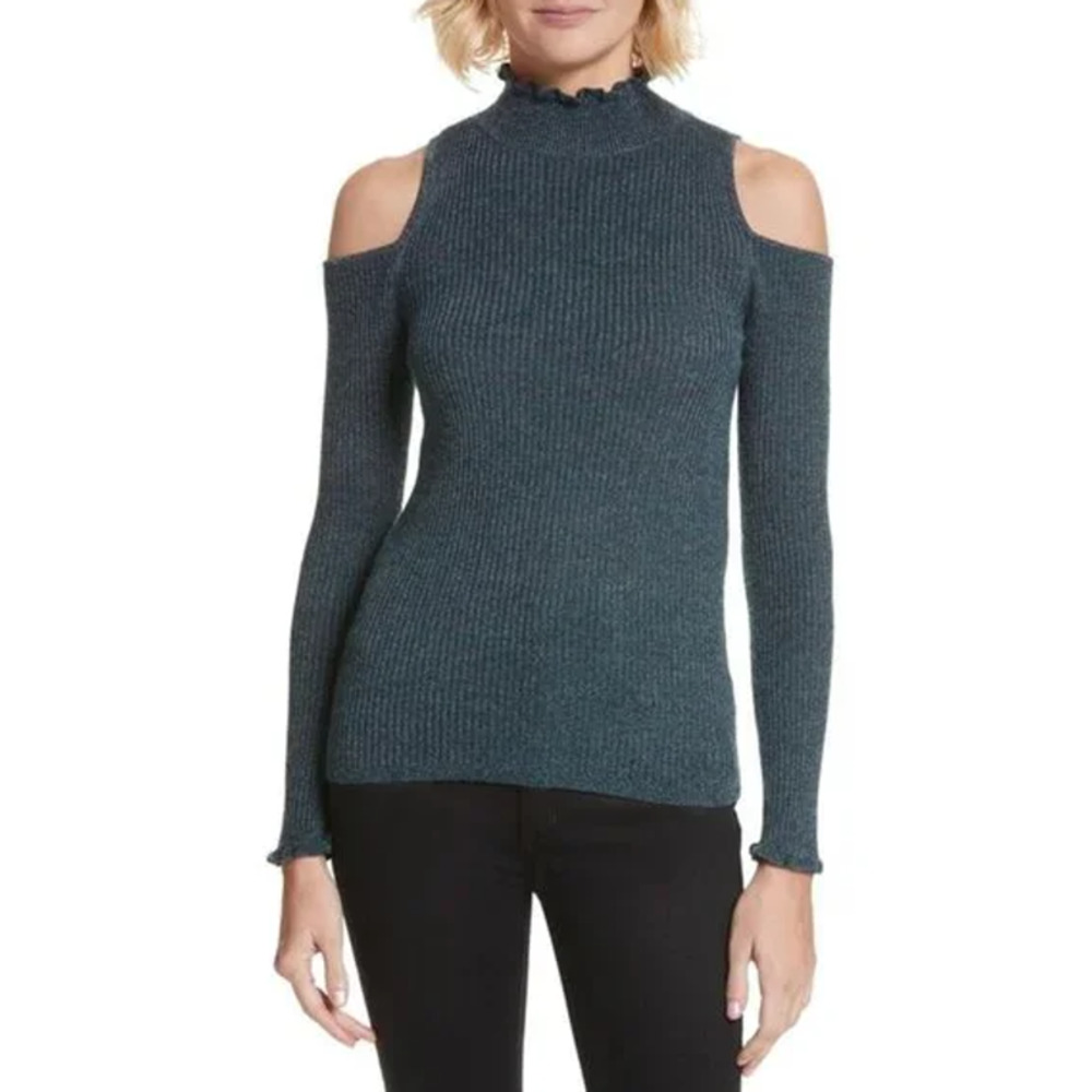 Rebecca Taylor Cold Shoulder Ruffle Turtleneck Ribbed Top Metallic Green Medium